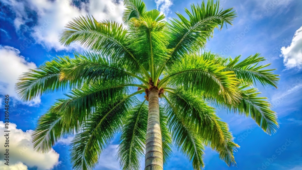 Tall slender palm tree with lush green leaves in focus Tall slender palm tree with lush green leaves in focus