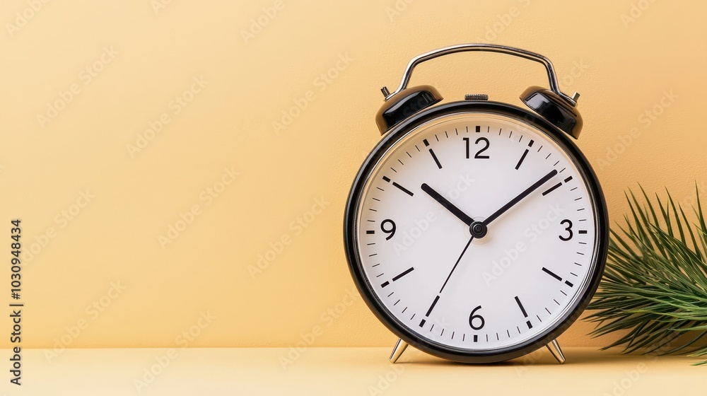 Black alarm clock on a pastel background with greenery. Black alarm clock on a pastel background with greenery.
