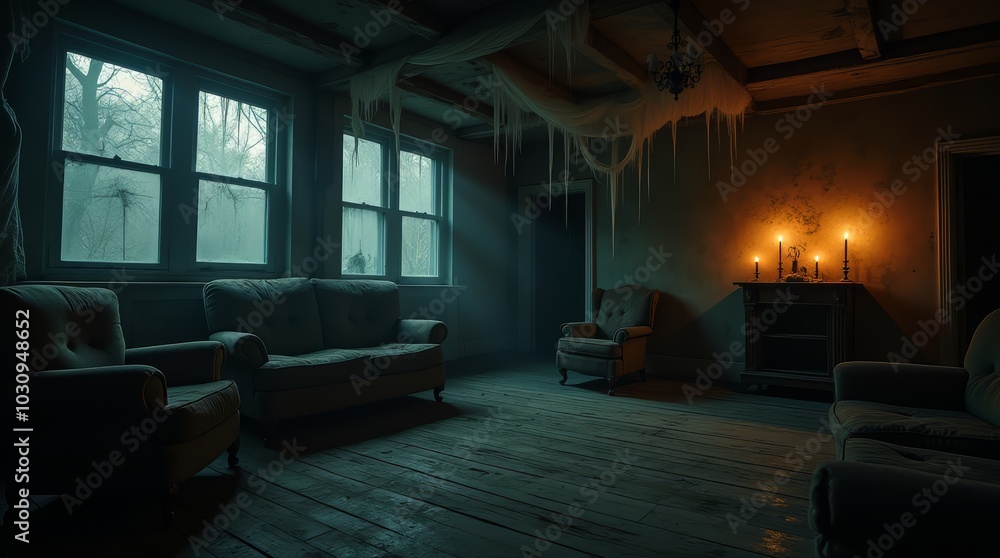 Spooky abandoned living room with cobwebs candles and eerie atmosphere, Halloween haunted house Spooky abandoned living room with cobwebs candles and eerie atmosphere, Halloween haunted house