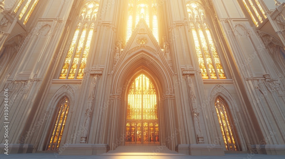 Majestic Gothic Cathedral Facade in the Golden Hour Light - 3D Render Illustration Majestic Gothic Cathedral Facade in the Golden Hour Light - 3D Render Illustration