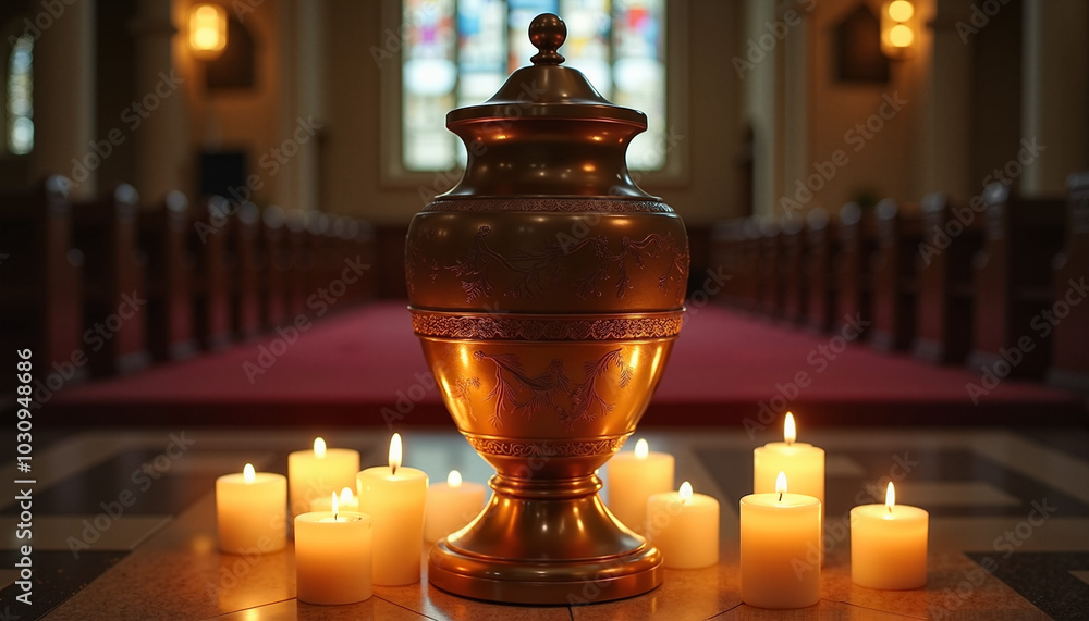 Elegant urn surrounded by lit candles in solemn indoor memorial setting Elegant urn surrounded by lit candles in solemn indoor memorial setting