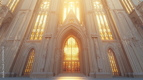 Majestic Gothic Cathedral Facade in the Golden Hour Light - 3D Render Illustration