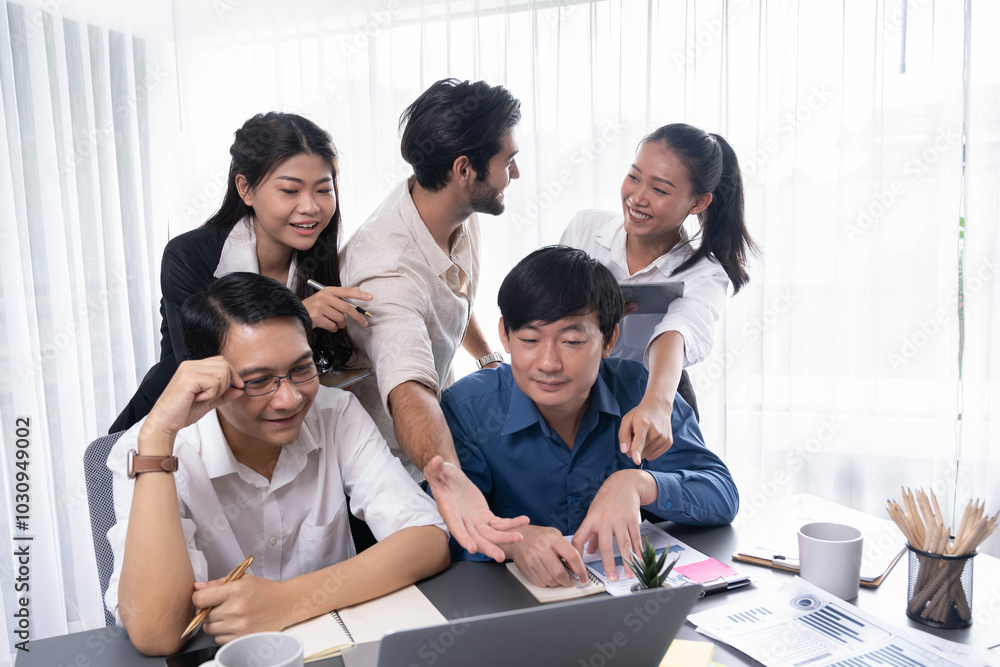 Group of diverse office worker employee working together on strategic business marketing planning in corporate office room. Positive teamwork in business workplace concept. Prudent Group of diverse office worker employee working together on strategic business marketing planning in corporate office room. Positive teamwork in business workplace concept. Prudent