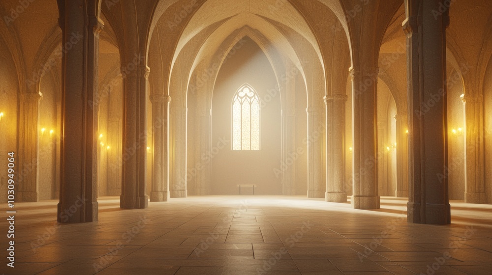Fototapeta premium Enchanting Gothic Chapel in Evening Light - 3D Render Illustration with Flickering Candles and Intricate Architecture Details