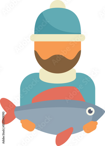 Illustration of a fisherman holding a big fish, wearing a winter hat and scarf