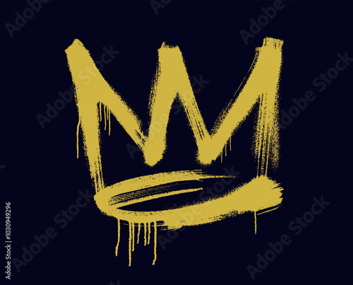 Gold spray painted graffiti crown sign with drips. Template hand drawing vector graffiti symbol. Gold grunge bold crown with spray texture. Brush drawn grunge rough symbol. Street art style drawing. photo