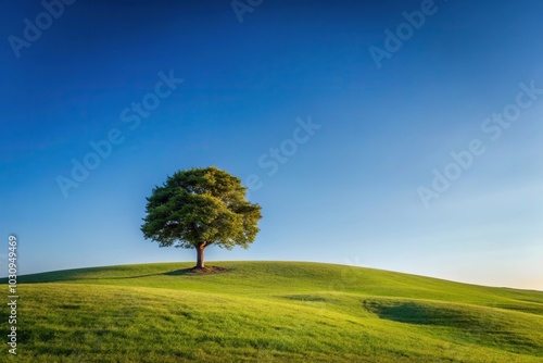 Tranquil landscape with single tree on hill under clear sky