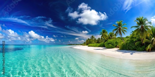 Tranquil tropical beach with white sand and turquoise blue sea