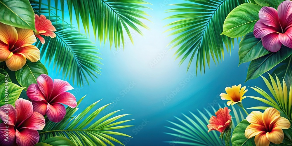 Obraz premium Tropical background with palm leaves and hibiscus flowers