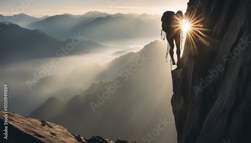 A professional climber ascends a sheer rock face, silhouetted against the bright sun above.






