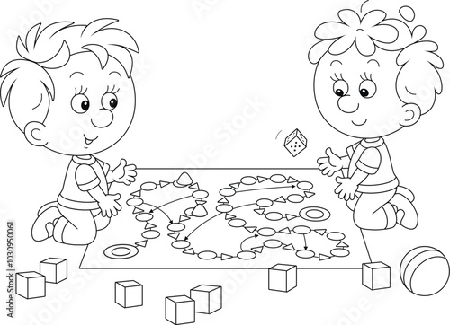 Happy little boys playing with a funny board game on the floor, black and white outline vector cartoon illustration for a coloring book