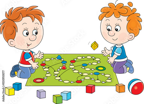 Happy little boys playing with a funny board game on the floor, vector cartoon illustration on a white background