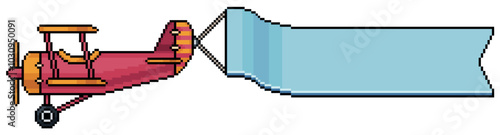 Pixel art biplane pulling a blank banner, vector icon of airplane with advertising banner for 8 bit game on white background