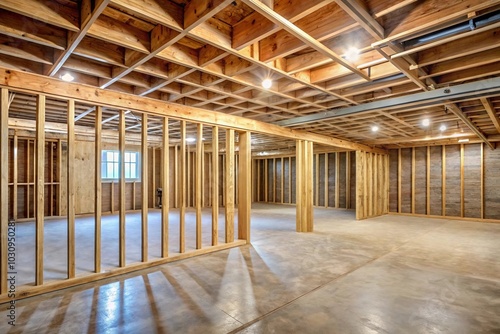 Unfinished basement with wood frames and wall insulation photo