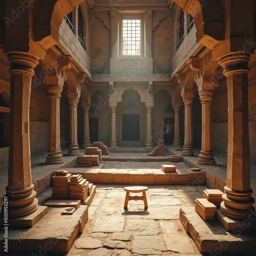 A tranquil library with ancient architecture featuring wooden shelves and stone floors illuminated by soft sunlight photo