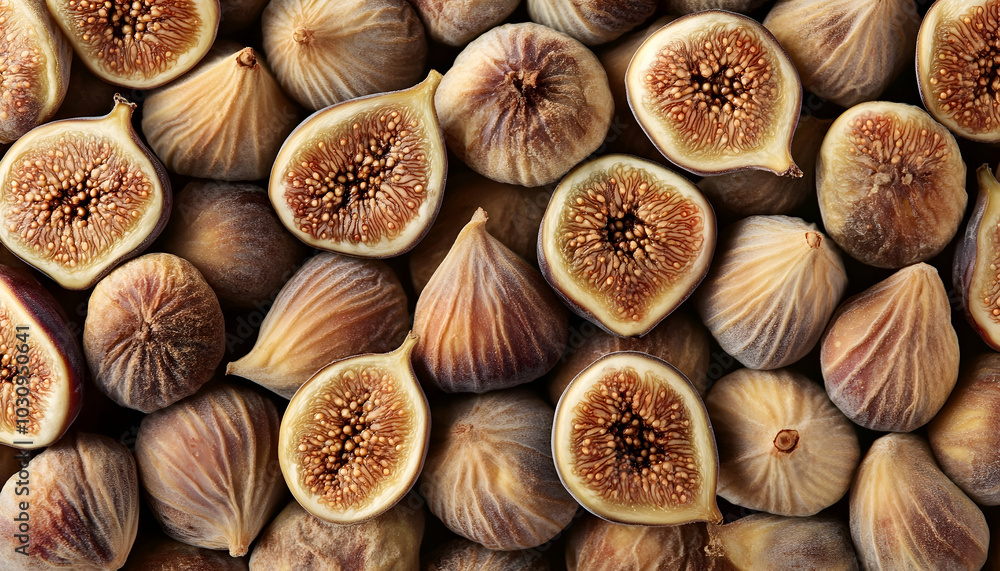 Dried figs in a top view arrangement, their texture and natural hues creating a healthy eating concept backdrop Dried figs in a top view arrangement, their texture and natural hues creating a healthy eating concept backdrop