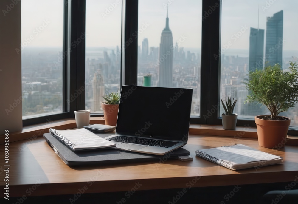 A laptop is widely opened on a desk that is placed in front of a window A laptop is widely opened on a desk that is placed in front of a window