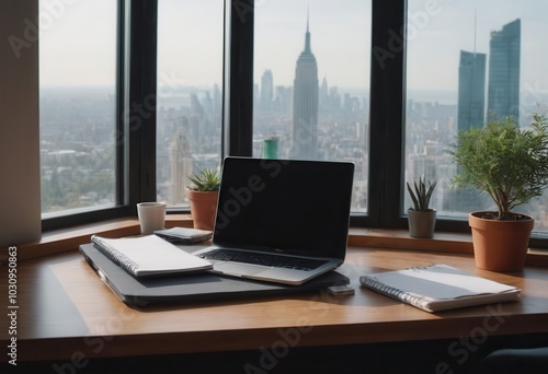 Wallpaper Mural A laptop is widely opened on a desk that is placed in front of a window Torontodigital.ca