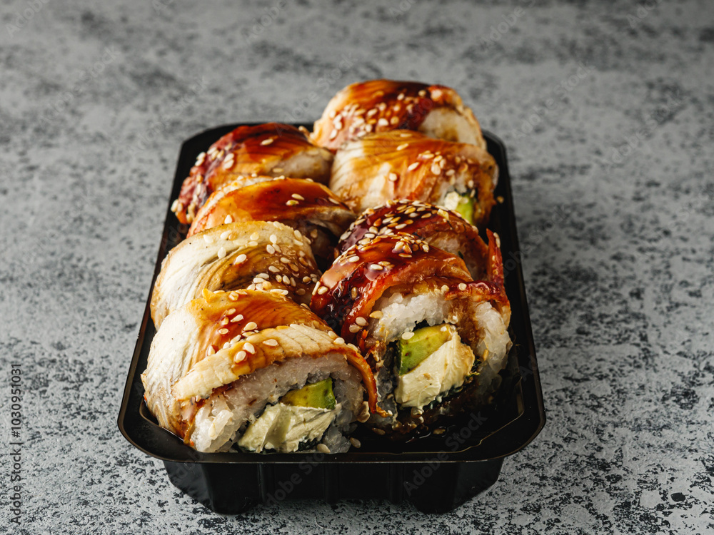 Fresh Sushi Rolls with Salmon and Tuna, Japanese Cuisine on a Gourmet Seafood Plate Fresh Sushi Rolls with Salmon and Tuna, Japanese Cuisine on a Gourmet Seafood Plate