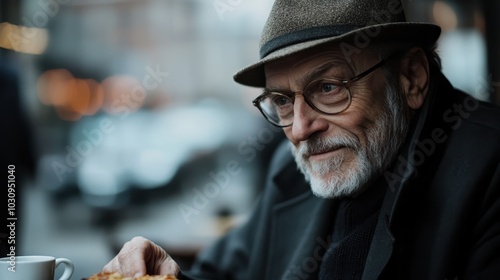 An elderly man with a hat and glasses sits comfortably in a cozy cafe, enjoying his coffee amidst a warm urban backdrop of blurred city lights and reflection.