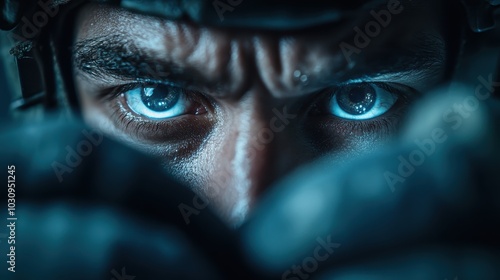 The image portrays a close-up of a person's intense blue eyes looking determinedly through a helmet, emphasizing focus, determination, and a sense of mission and purpose. photo