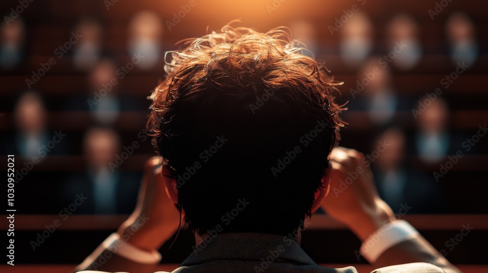 A person is seen from behind as they prepare to address a group of people gathered in a lecture hall, conveying themes of preparation and anticipation. A person is seen from behind as they prepare to address a group of people gathered in a lecture hall, conveying themes of preparation and anticipation.
