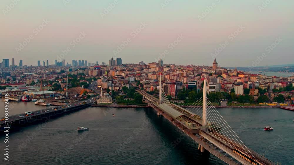 A panoramic view of Istanbul at sunset, featuring the Haliç Bridge with a metro crossing, boats on the water, and the city’s vibrant skyline in the background. A panoramic view of Istanbul at sunset, featuring the Haliç Bridge with a metro crossing, boats on the water, and the city’s vibrant skyline in the background.