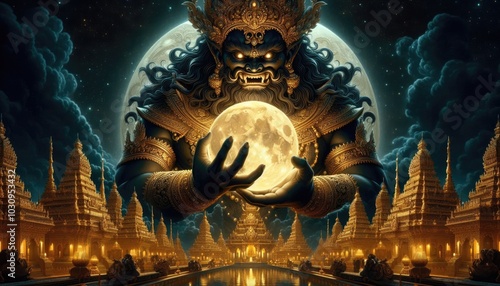 A powerful and fierce depiction of Rahu, the celestial deity, preparing to devour the full moon. Rahu’s face is adorned with intricate golden details and a towering crown, his expression menacing wit