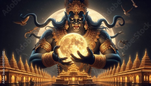 A powerful and fierce depiction of Rahu, the celestial deity, preparing to devour the full moon. Rahu’s face is adorned with intricate golden details and a towering crown, his expression menacing wit