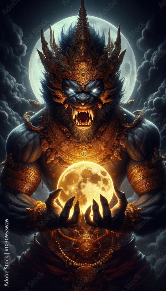 Fototapeta premium A powerful and fierce depiction of Rahu, the celestial deity, preparing to devour the full moon. Rahu’s face is adorned with intricate golden details and a towering crown, his expression menacing wit