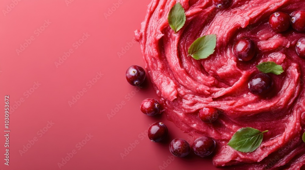 A vibrant display of cranberry sauce with whole cranberries and fresh green leaves artistically swirled on a deep red background, evoking a festive feel. A vibrant display of cranberry sauce with whole cranberries and fresh green leaves artistically swirled on a deep red background, evoking a festive feel.
