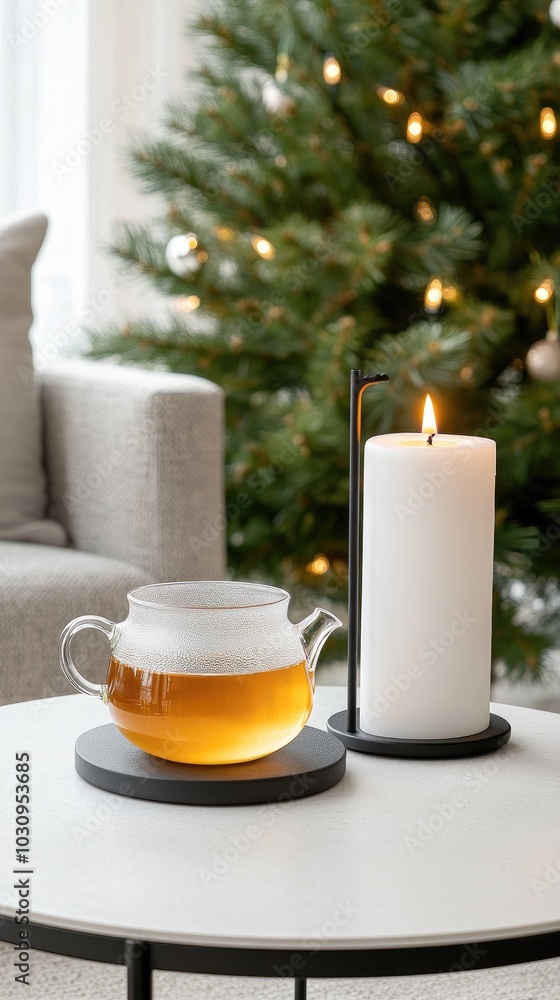 A tall glass teapot filled with lemon water rests on an evergreen wreath, accompanied by a black candlestick, while a Christmas tree with lights adds warmth to the winter atmosphere A tall glass teapot filled with lemon water rests on an evergreen wreath, accompanied by a black candlestick, while a Christmas tree with lights adds warmth to the winter atmosphere