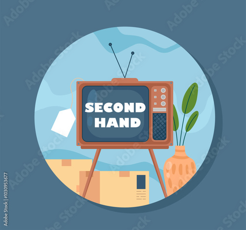 Second hand sticker. Television and tv. Retro things. Garage sale for neighbors. Commerce and merchandise. Flea market and bazaar. Flat vector illustration