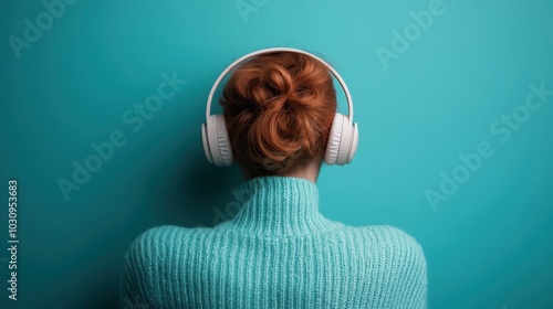 A person with red hair wearing white headphones and a teal sweater stands against a teal background, highlighting a sense of calm and introspection. photo