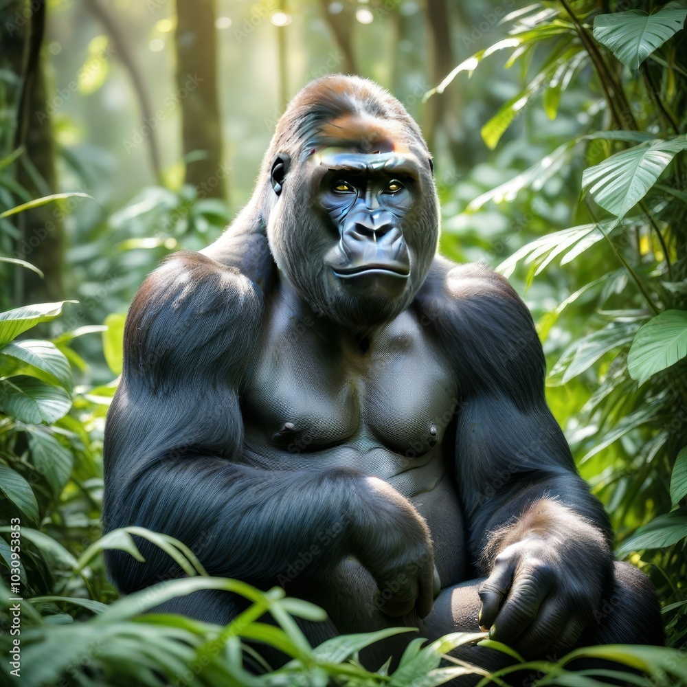 Fototapeta premium A majestic gorilla stands proudly near a waterfall surrounded by lush greenery in a natural habitat during daylight