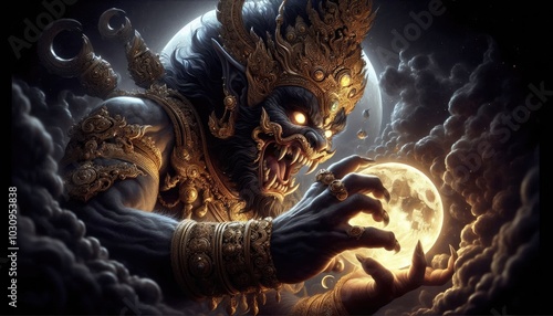 A powerful and fierce depiction of Rahu, the celestial deity, preparing to devour the full moon. Rahu’s face is adorned with intricate golden details and a towering crown, his expression menacing wit