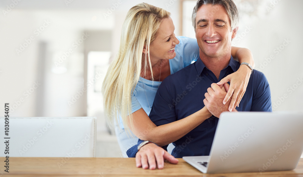 Banking, laptop and love with mature couple for investment growth, hug and retirement fund. Financial planning, online and savings with man and woman at home for insurance, taxes or asset management Banking, laptop and love with mature couple for investment growth, hug and retirement fund. Financial planning, online and savings with man and woman at home for insurance, taxes or asset management