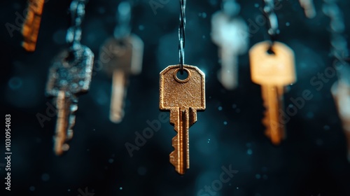 A golden key suspended against a blurred background, suggesting mystery and inviting possibilities in a dreamy atmosphere befitting a secret discovery. photo