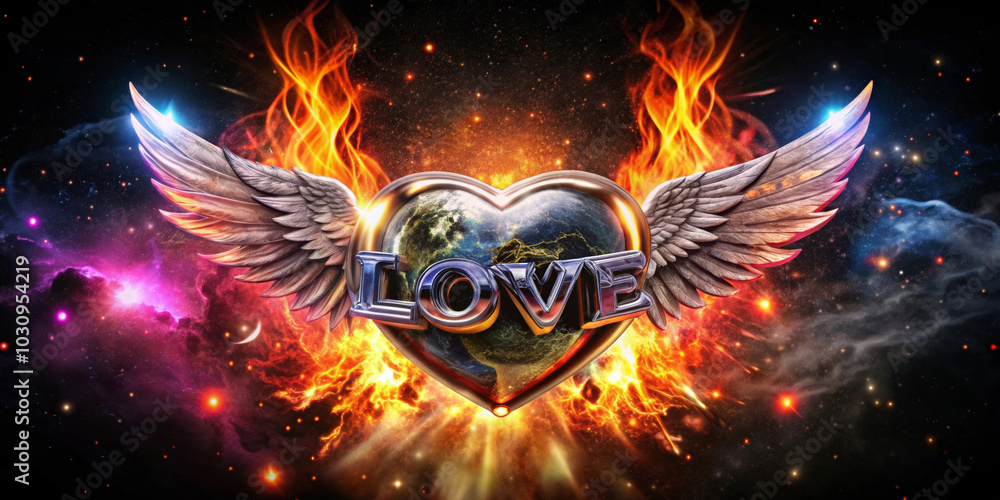 Fototapeta premium Metal winged heart is ablaze with brilliant flames and cosmic elements,with the word