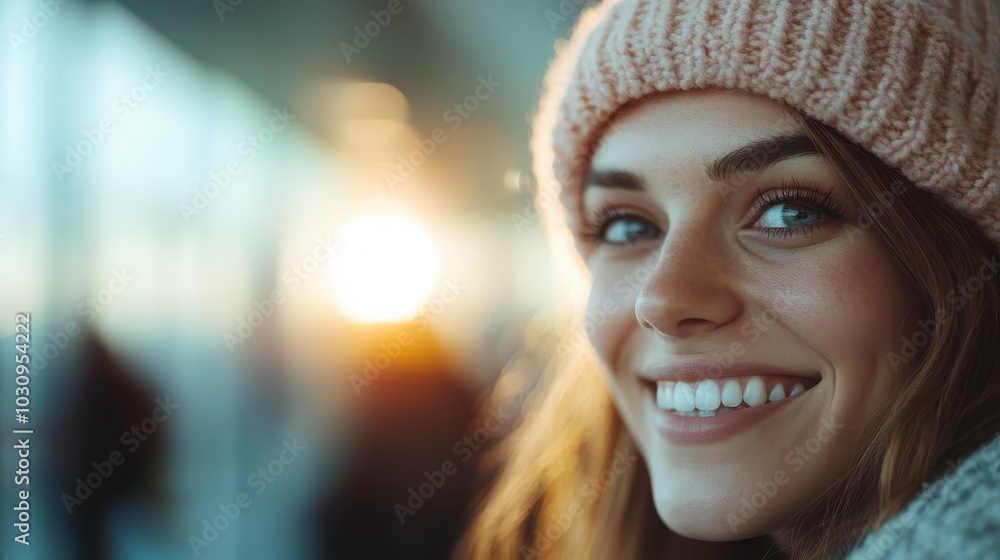A young woman warmly smiling under the winter sunlight indoors, wearing a cozy pink knit hat, radiating warmth and comfort, capturing joy in the simple moments. A young woman warmly smiling under the winter sunlight indoors, wearing a cozy pink knit hat, radiating warmth and comfort, capturing joy in the simple moments.