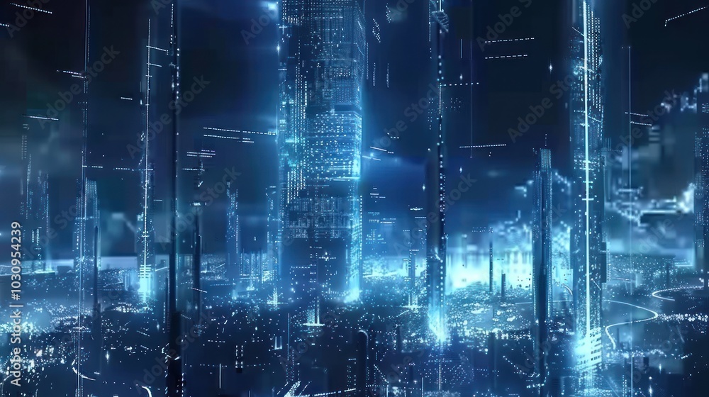 A Futuristic Digital Cityscape Glowing with Blue Light A Futuristic Digital Cityscape Glowing with Blue Light