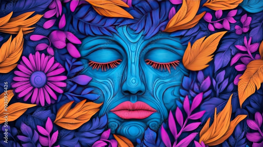 Abstract illustration of a woman's face surrounded by flowers and leaves. Abstract illustration of a woman's face surrounded by flowers and leaves.