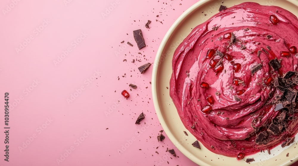 A captivating pomegranate and chocolate swirl dessert on a pastel-colored plate, showcasing a unique blend of flavors and artistic culinary elegance. A captivating pomegranate and chocolate swirl dessert on a pastel-colored plate, showcasing a unique blend of flavors and artistic culinary elegance.