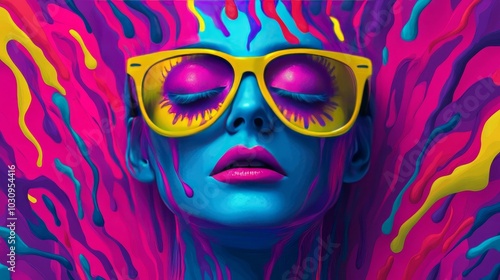 Abstract digital illustration of a woman's face with colorful splashes and sunglasses.