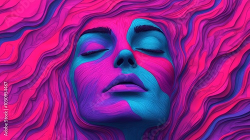 Abstract portrait of a woman with eyes closed, her face partially submerged in a vibrant, swirling, pink and blue textured background.