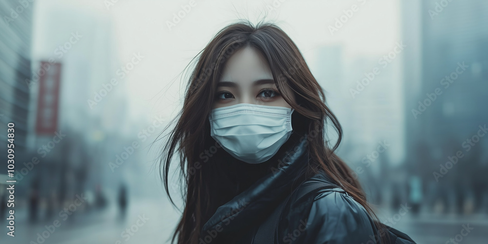 Young woman wearing medical mask outdoors. Smog and air pollution in big cities. Bad air quality, staying safe, health problems. Young woman wearing medical mask outdoors. Smog and air pollution in big cities. Bad air quality, staying safe, health problems.