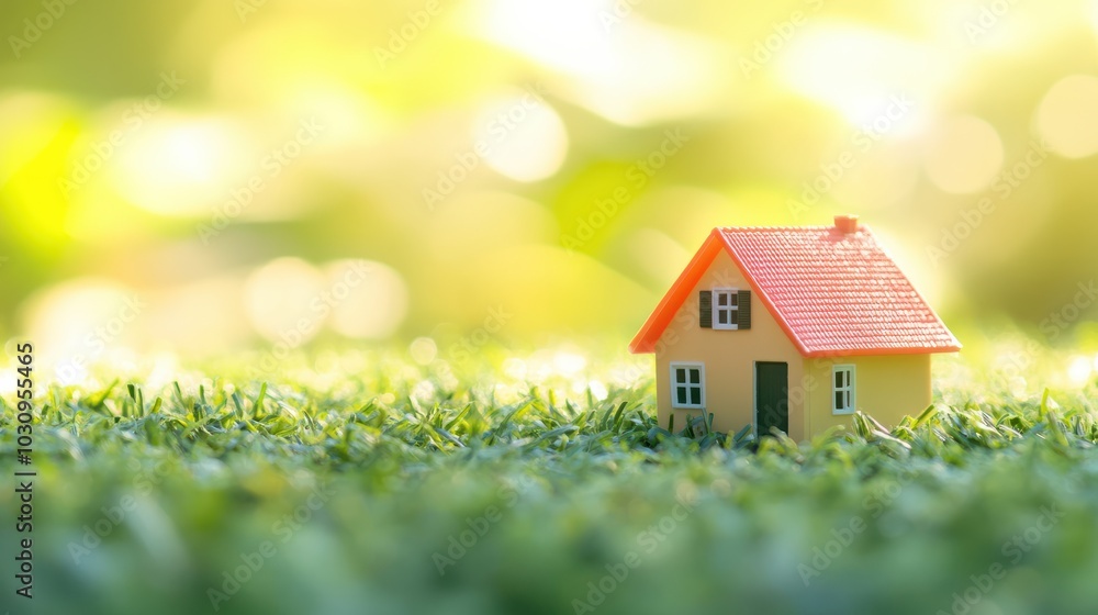 Copy space of home and life concept. Small model home on green grass with sunlight abstract background. Copy space of home and life concept. Small model home on green grass with sunlight abstract background.