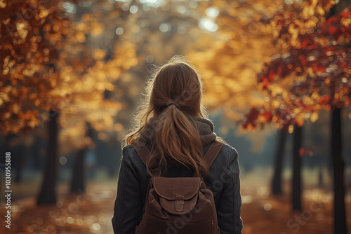 A lonely girl walks in an autumn park with her back to the viewer 