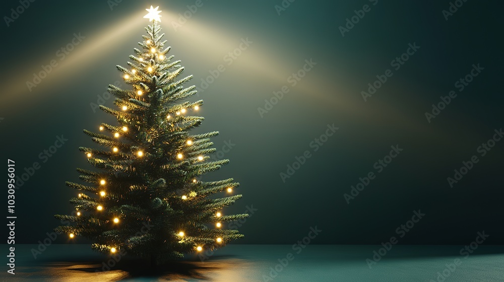 Illuminated Christmas tree in dark with star on top Illuminated Christmas tree in dark with star on top