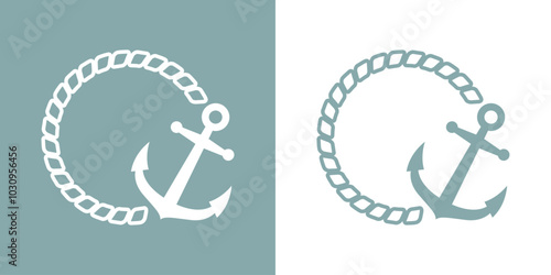 Logo nautical. Silueta de ancla de barco con marco redondo de cuerda